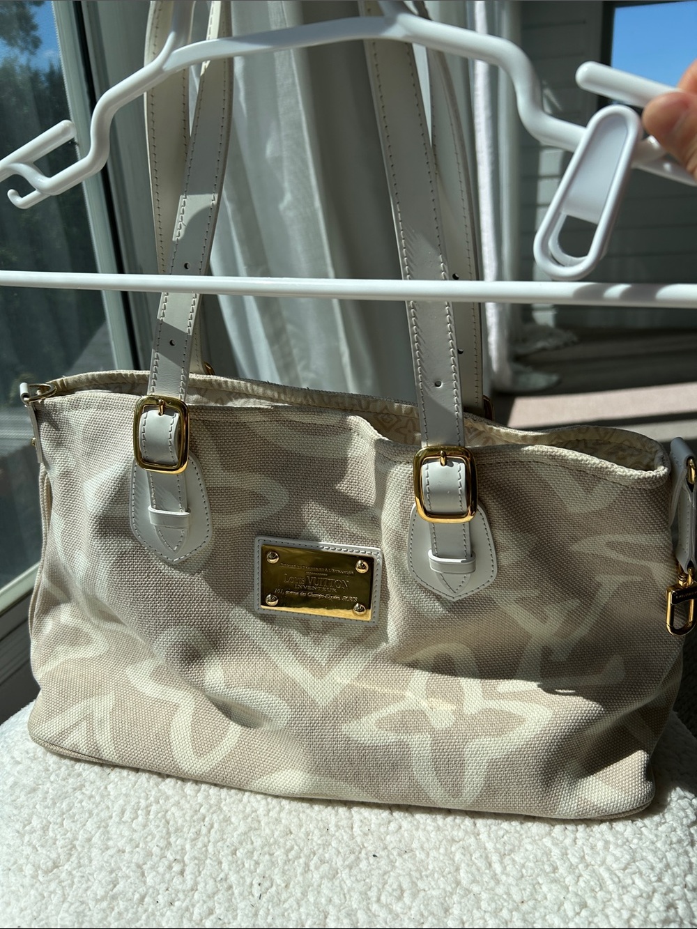Authentic Louis Vuitton Beige Monogram Canvas Tote Bag with Gold Hardware